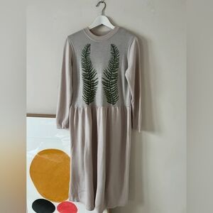 Chic Beige Long Sleeve Dress with Green Leaf Pattern
